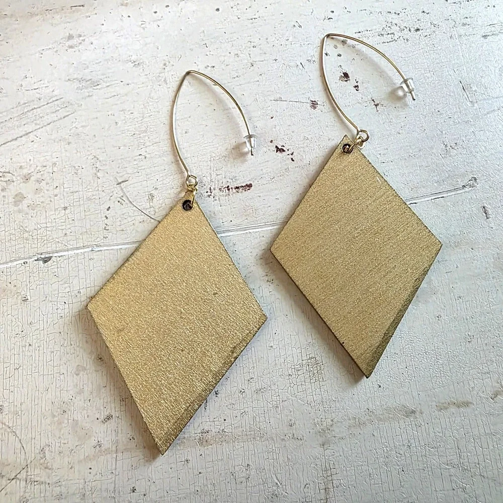 Handmade Abstract Wood Statement Earrings OOAK Muted Plum Gold Metallic Dangles